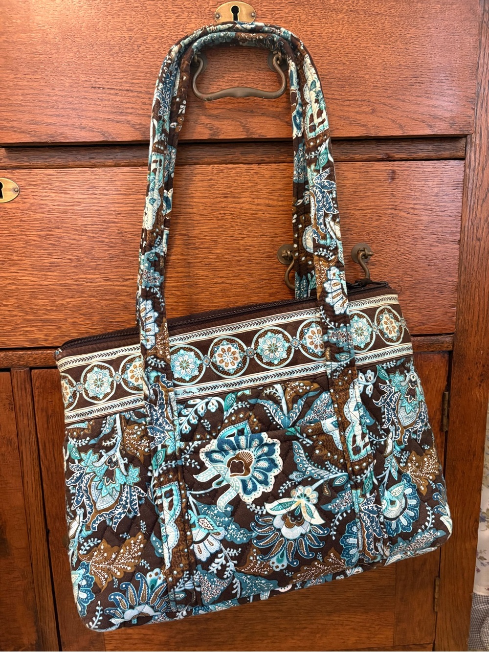 Vera Bradley Java Blue Quilted Floral Tote Bag Brown and Teal